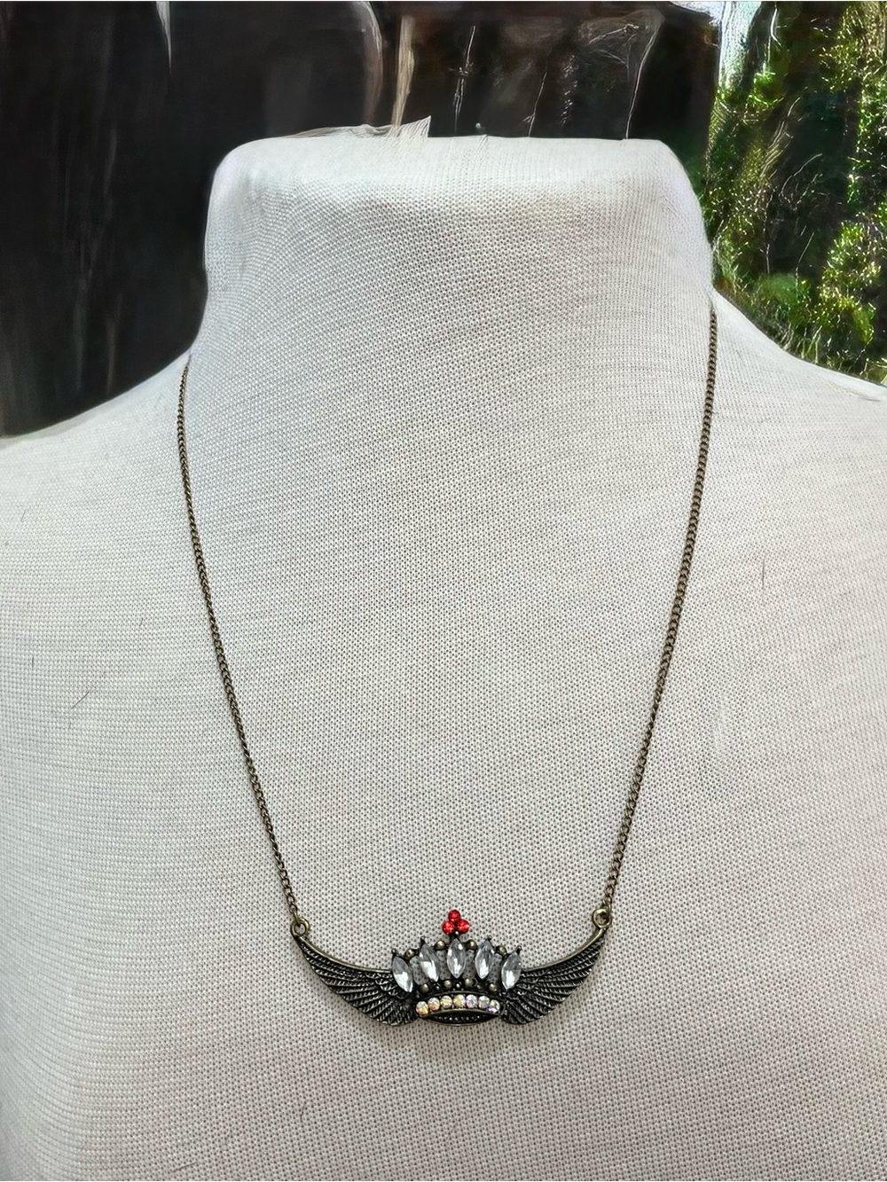 Winged Crown Rhinestone Necklace Antiqued Gold Tone Gothic Statement Jewelry